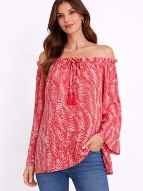 MICHAEL Michael Kors Off Shoulder Bell Sleeve Blouse-Coral and White